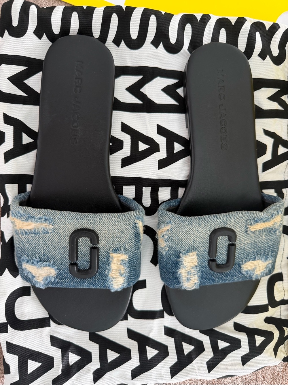 Marc Jacobs Denim Distressed Slide Sandals with Black Footbed